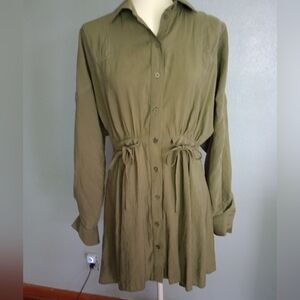 Topshop Green Long Sleeve Button Up Dress
